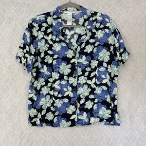 Vtg Floral Button Up Camp Shirt Petite L Blue Casual Hawaiian Vacation Tropical